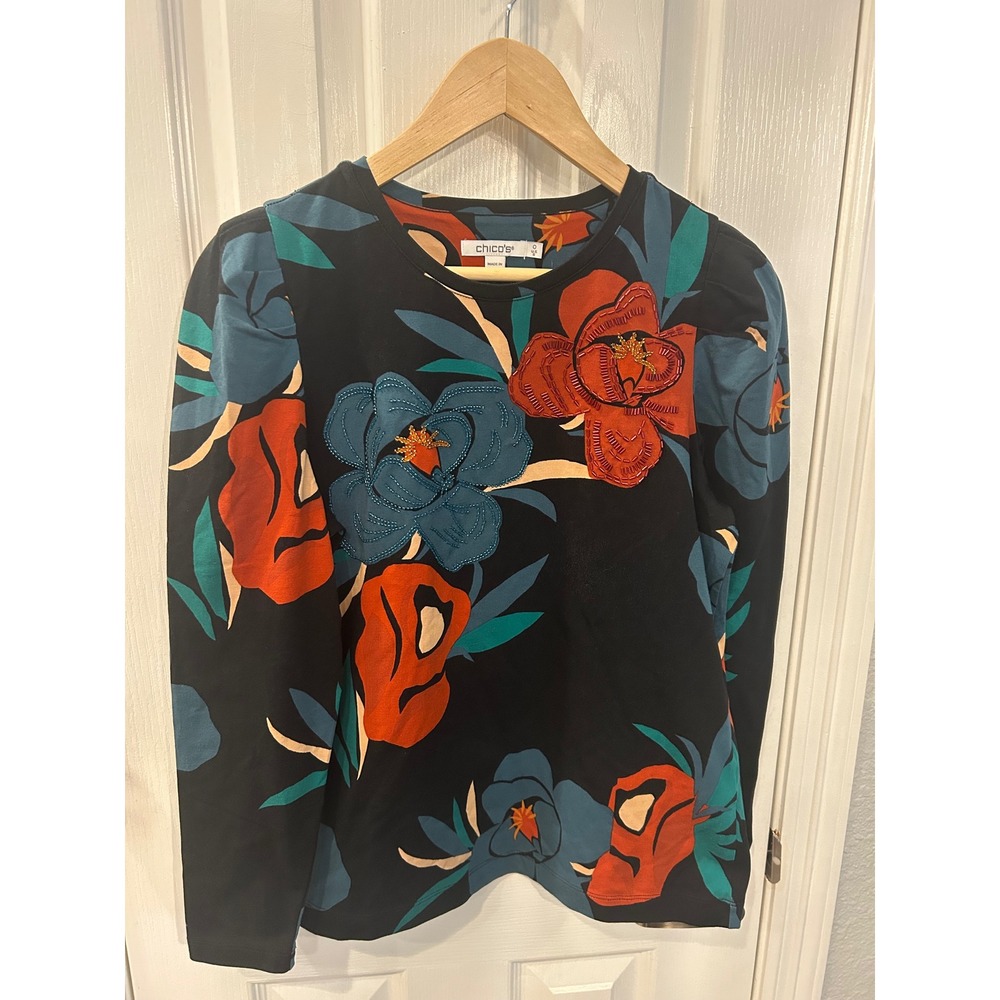 Chico's Floral Top Black Beaded Embroidered Puff Sleeve Cotton‎ Stretch Size 0 S